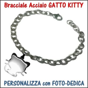 bracciale acciaio ciondolo gatto kitty personalizzato con incisione incisione personalizzazione medaglia da incidere